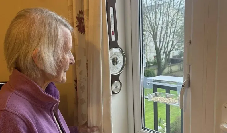 Sue client with her bird feeder