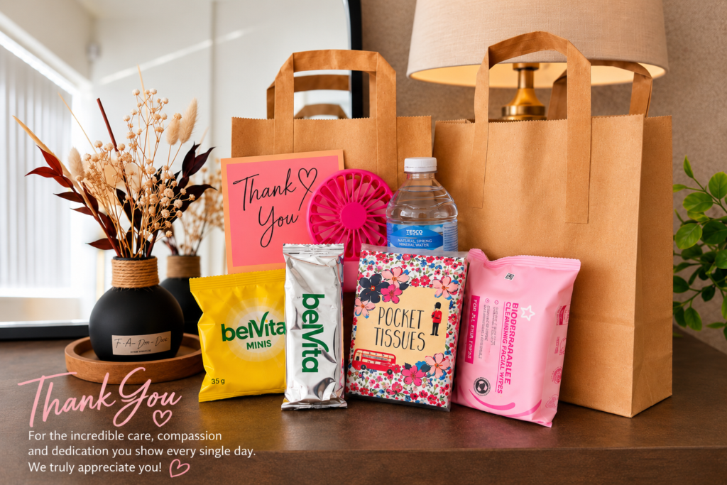 Summer wellbeing pack containing water, snacks, tissues, cooling wipes and a portable fan for care professionals.